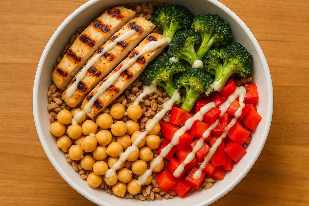 A colorful and healthy grain bowl featuring three strips of grilled chicken drizzled with white sauce, several florets of broccoli, diced red bell peppers, and chickpeas, all served on a bed of whole grains.