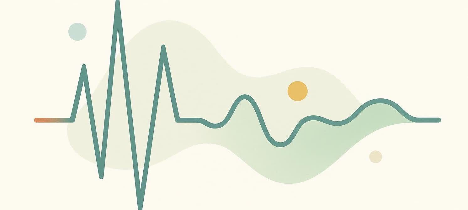 An abstract illustration depicting a heart rate slowing down, transitioning from sharp, high peaks to gentle, rolling waves on a light background with subtle green and yellow accents. A small light blue circle is above the initial sharp peaks, and a yellow circle is above the gentler waves. The very beginning of the heart rate line is a short, orange gradient bar.