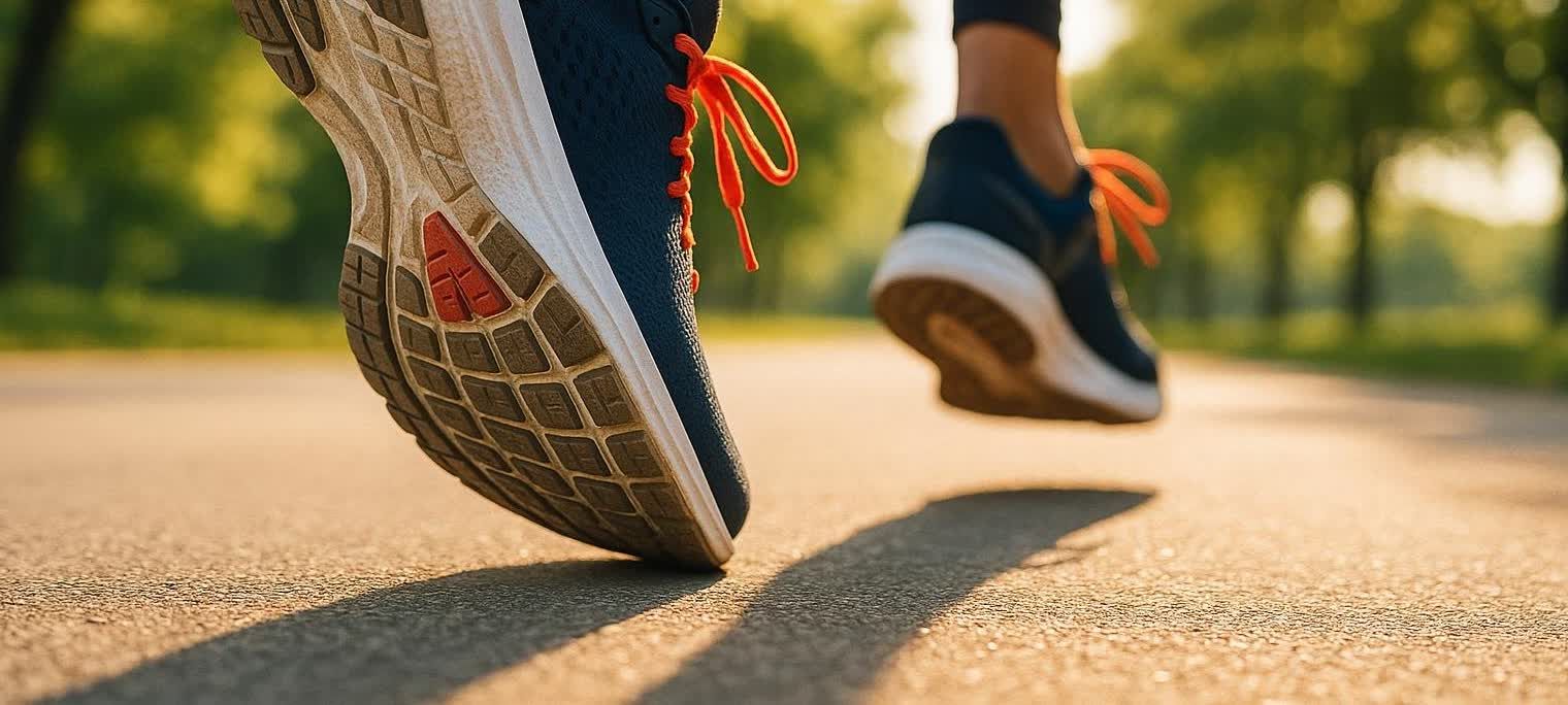 Close-up of a person's running shoes with orange laces mid-stride on a sunny asphalt path, with another shoe blurred in the background and green foliage.