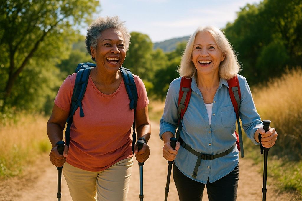 Two women in their 60s hiking actively, representing health and vitality in later life.