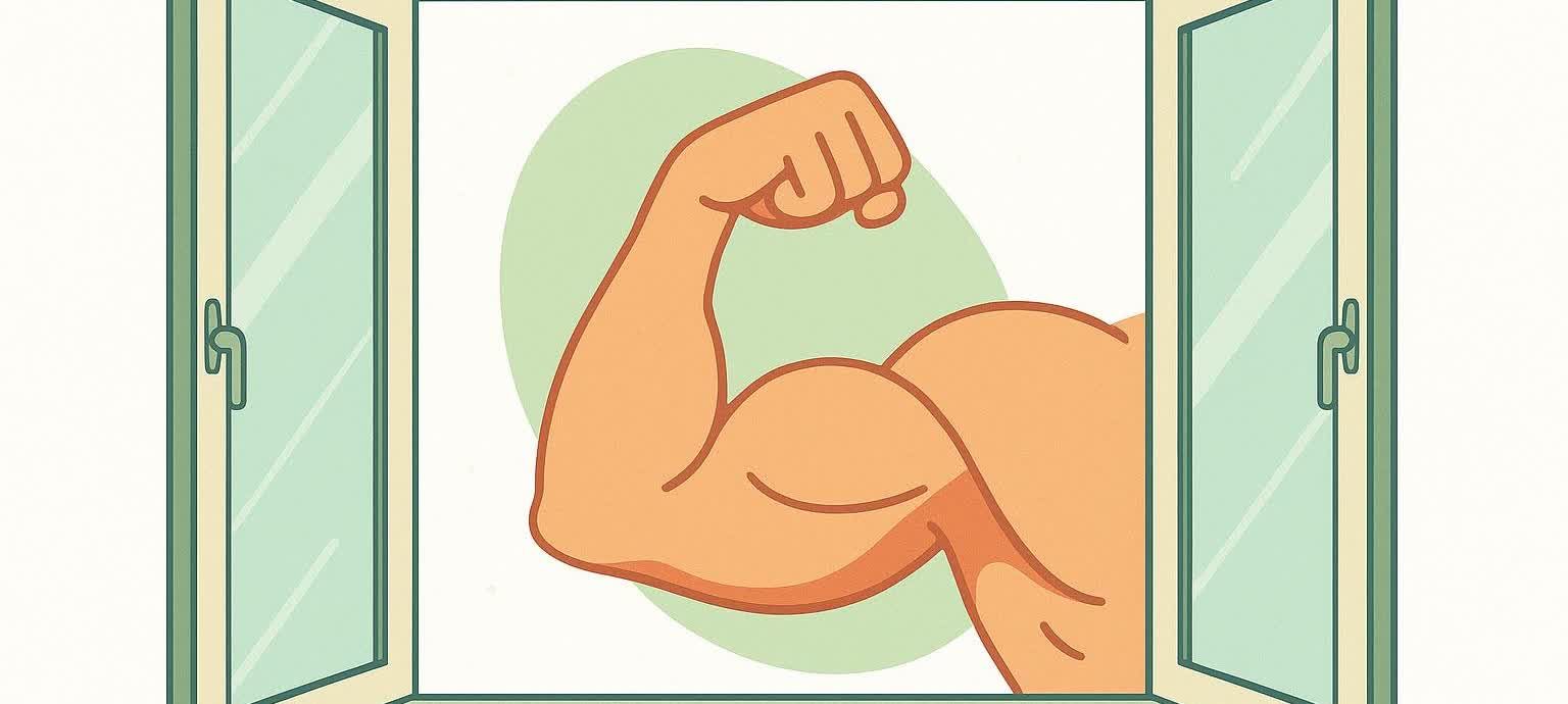 An illustration showing a muscular bicep and forearm flexing, framed by an open window with light green panes and a cream colored frame. The arm has a brown outline and an orange fill, and behind it is a light green circle.
