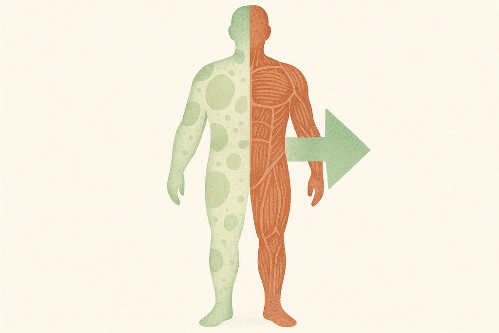 An abstract illustration of a human figure split in half, showing the difference between body composition with the left side representing fat and the right side representing muscle, with a large green arrow pointing right.