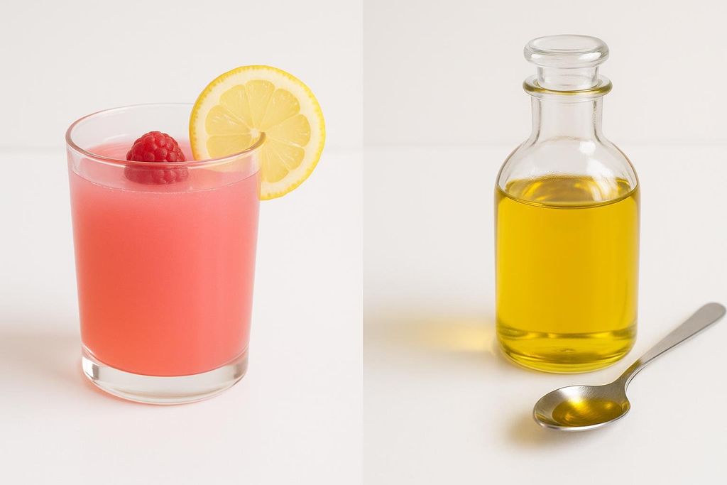 Side-by-side comparison of a mixed MCT Wellness drink in a glass, garnished with a raspberry and lemon slice, and a clear bottle of liquid MCT oil with a teaspoon next to it.
