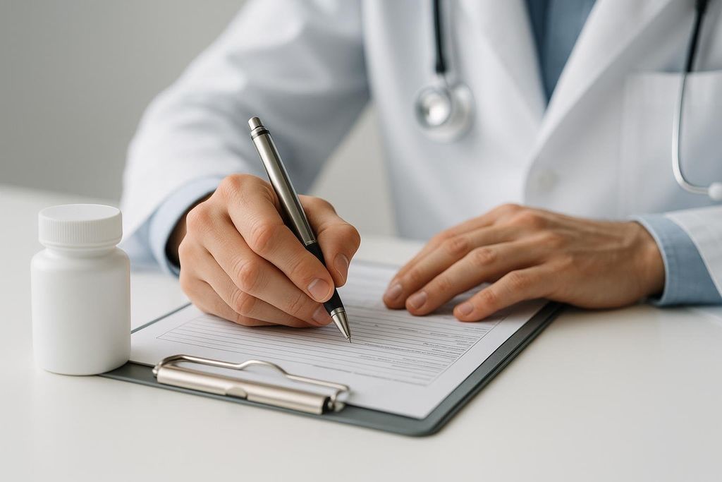 A doctor in a white coat with a stethoscope is seen from the chest down, holding a pen and writing on a clipboard. To the left of the clipboard is a white pill bottle. This image symbolizes medical documentation and prescription.