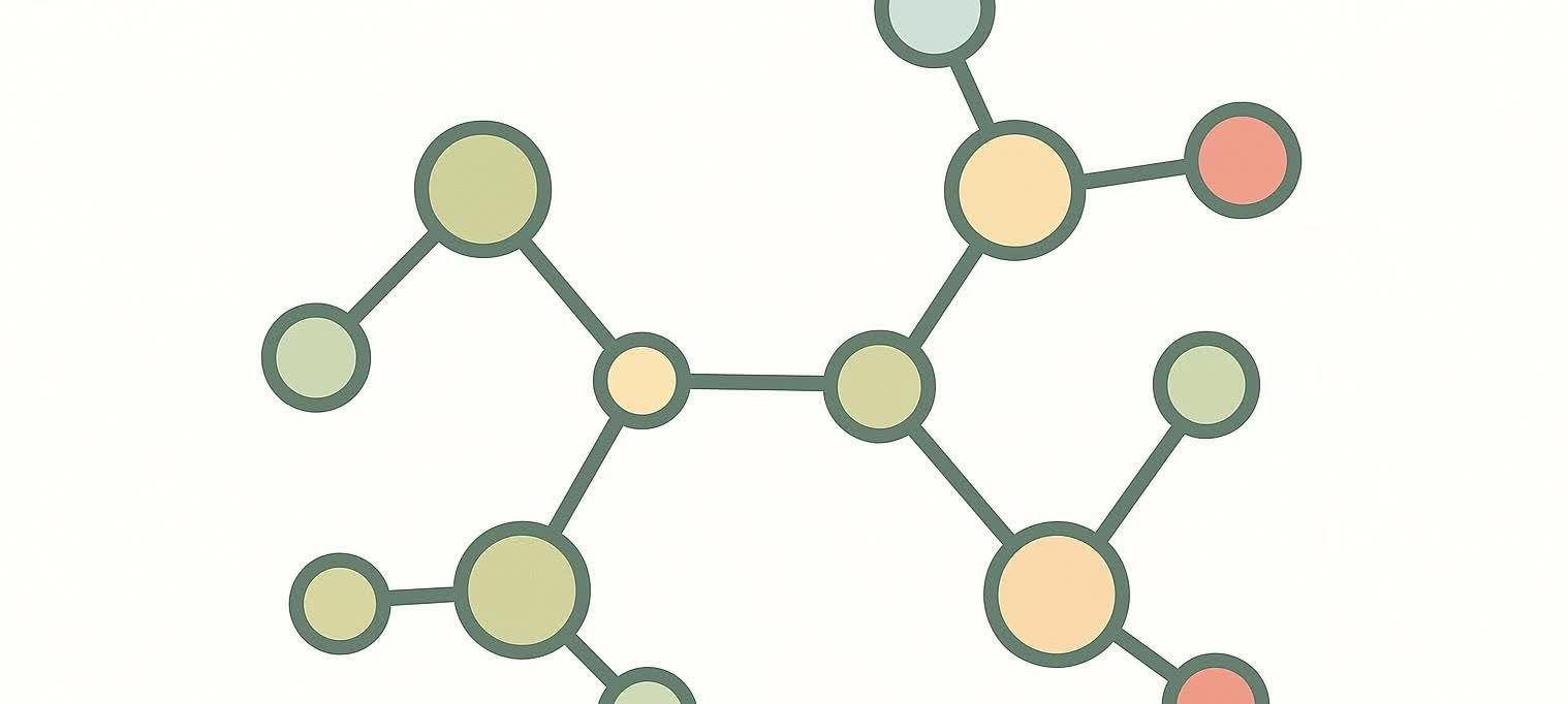An abstract illustration of a molecular structure with interconnected circles of various pastel colors (green, orange, blue, red) representing atoms, and lines representing bonds, against a white background.