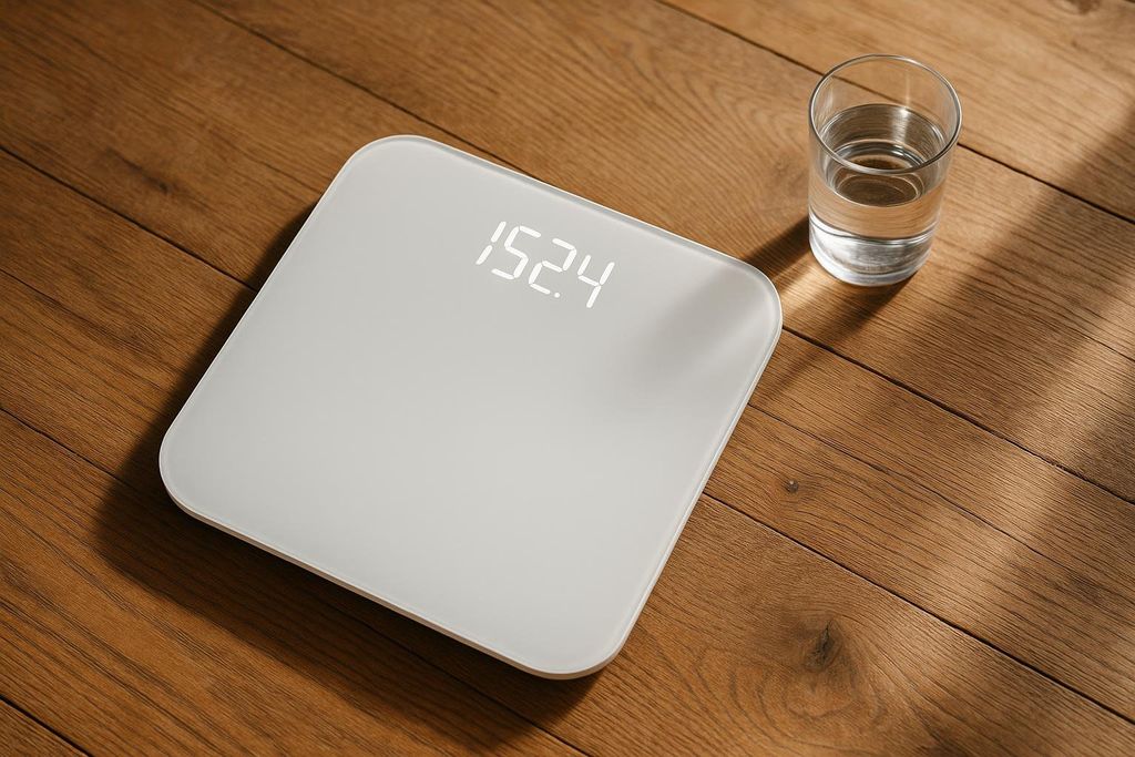 Top-down view of a smart scale reflecting a weight reading next to a glass of water.