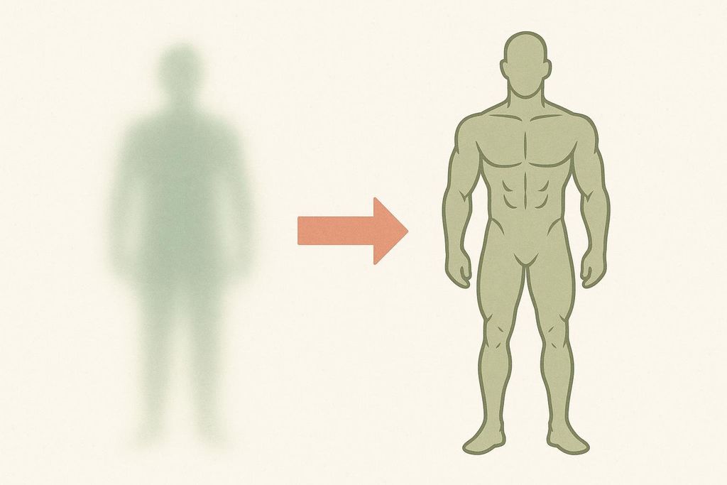 A conceptual image showing a blurry, indistinct human figure on the left transforming into a sharp, well-defined, muscular figure on the right, connected by an orange arrow, symbolizing changes in body composition.