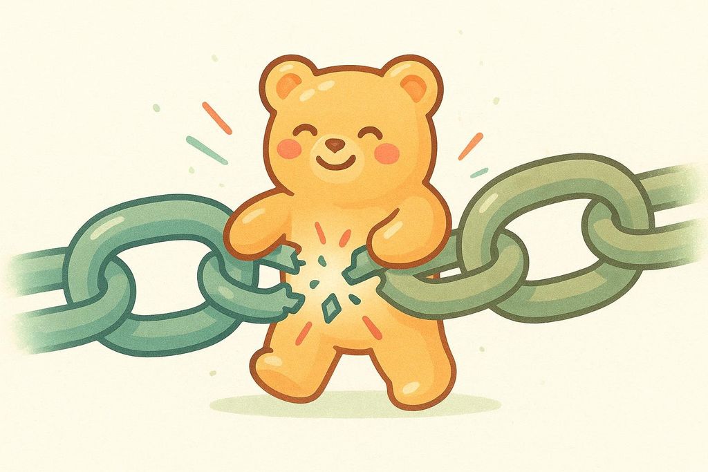 An illustration of a smiling gummy bear breaking a green chain link, symbolizing how keto gummies can break an intermittent fast.