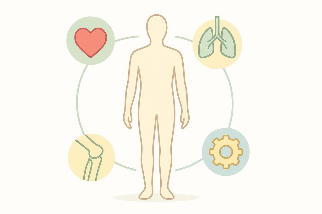 An infographic showing a stylized human figure at the center, surrounded by icons representing different body systems. These icons, connected to the figure by lines, include a heart, lungs, a knee joint, and a gear, representing various health risks or system impacts.