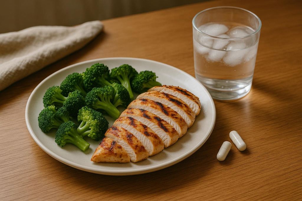 A healthy meal with grilled chicken and steamed broccoli on a light plate, with a glass of ice water and two white supplement capsules on a wooden table.