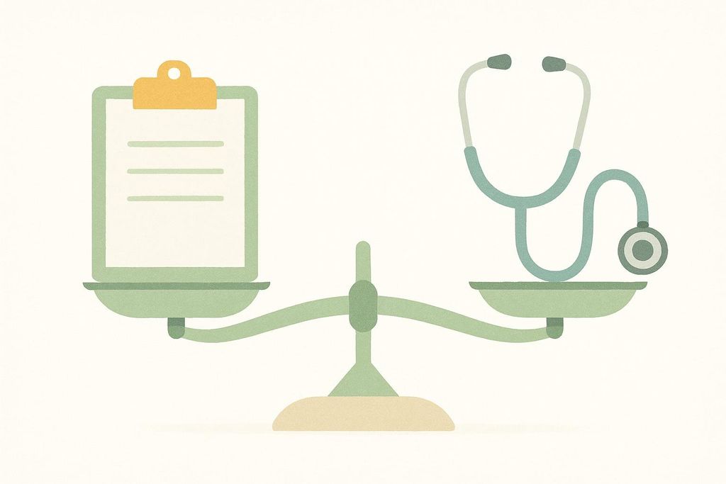 Illustration comparing a clipboard checklist to a medical exam tool