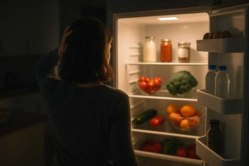 Over-the-shoulder view looking into a bright refrigerator