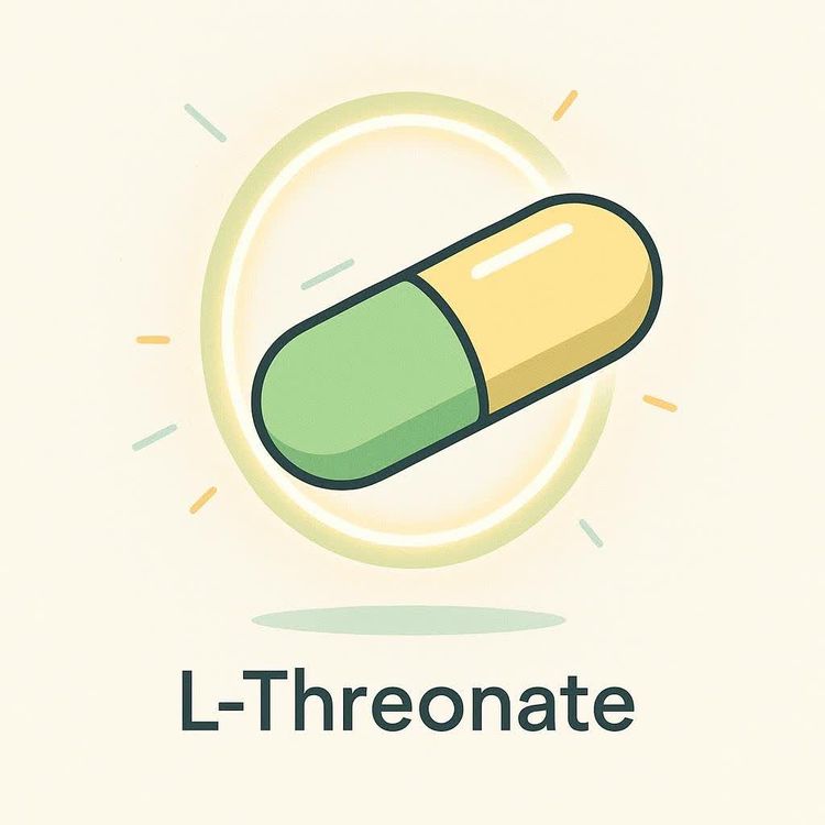 A minimalist graphic depicting a green and yellow capsule, representing an L-Threonate supplement, encircled by a bright ring that suggests it has successfully crossed the blood-brain barrier. The text "L-Threonate" appears below the capsule.