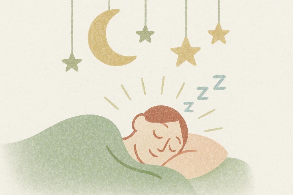 Stylized illustration of a person happily sleeping under a crescent moon and hanging stars.