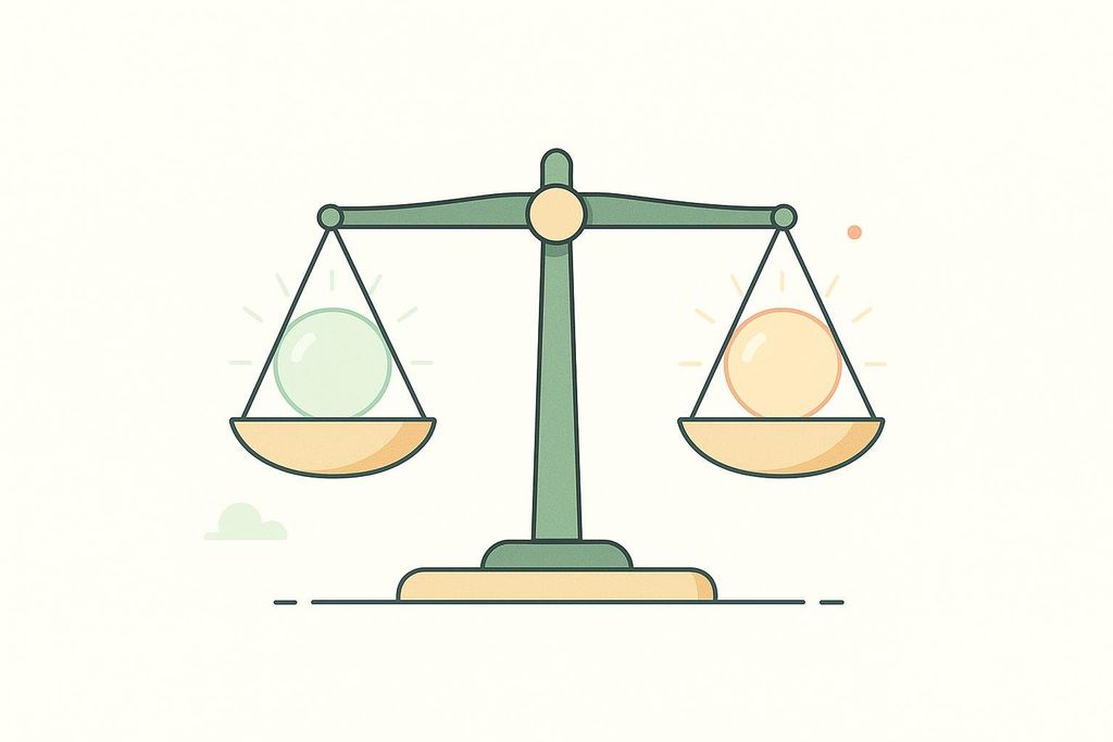 An illustration of a perfectly balanced scale, with a glowing green sphere on the left pan and a glowing yellow sphere on the right pan. Both spheres are radiating light.
