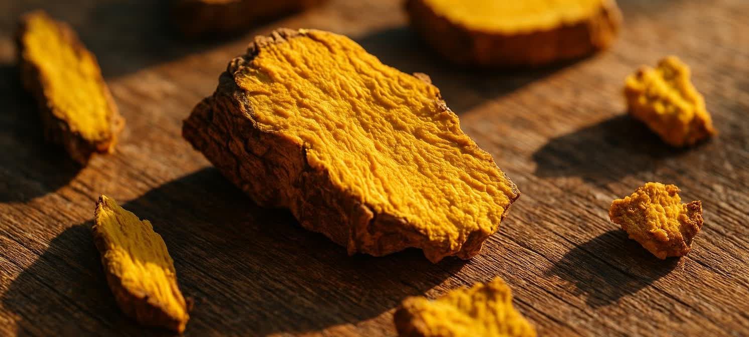 Close-up of bright yellow, textured barberry root fragments with rough edges, scattered on a wooden surface with visible grain. Sun shines on the fragments, creating shadows.