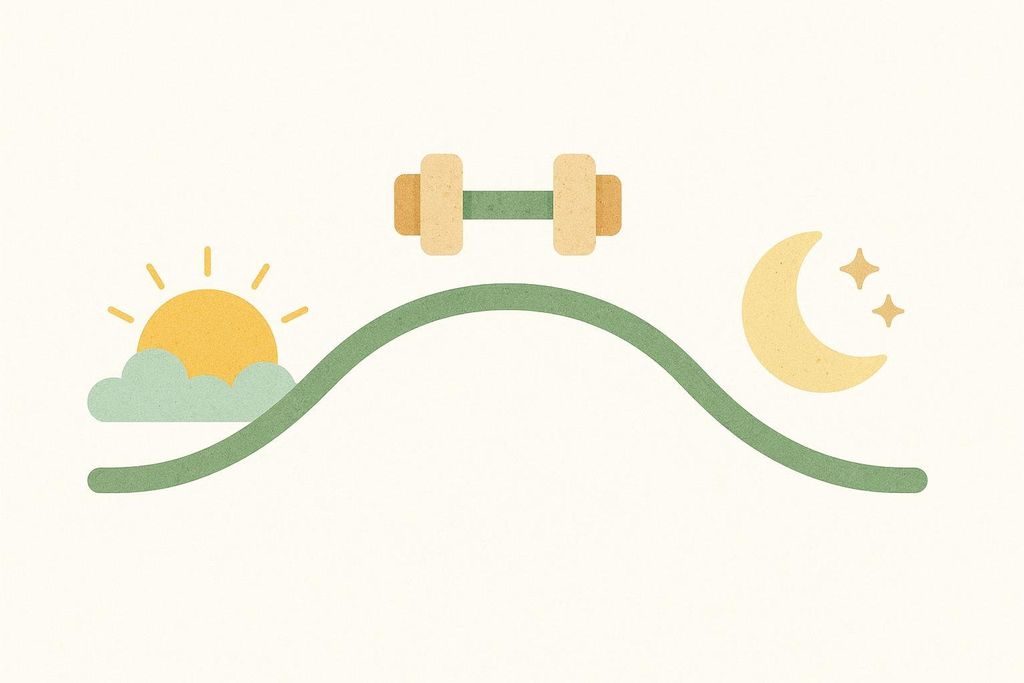 A timeline graphic depicting a day's schedule from morning to night, with a sun over a cloud for morning, a dumbbell in the middle for daytime activity, and a moon with stars for night.
