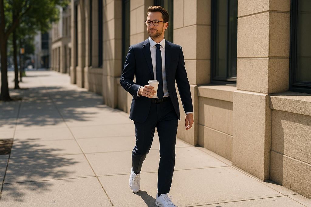 A man in a navy blue suit and tie, wearing glasses and white sneakers, walks along a city sidewalk while holding a coffee cup.