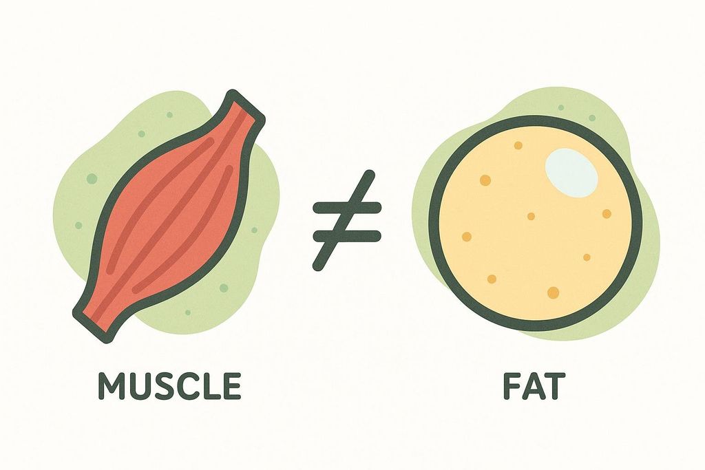 Illustration showing a muscle fiber icon and a fat cell icon separated by a 'does not equal' sign, illustrating that muscle does not turn into fat.