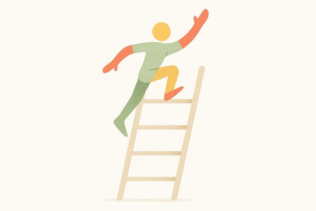 An illustration of a stylized figure with an orange head and arms, and green torso and legs, climbing a light brown ladder. The figure's left leg is on the third rung, while the right leg is reaching for the fourth, symbolizing progress or advancement.