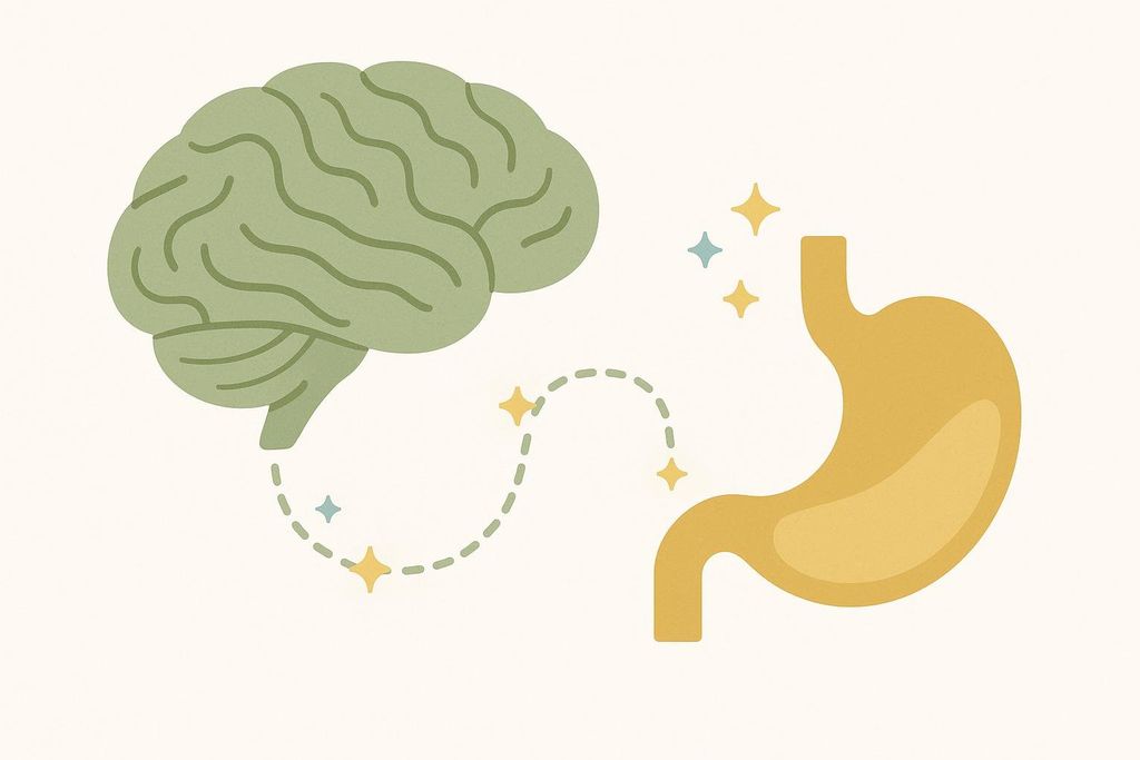 An illustration depicting a green brain on the left and a yellow stomach on the right, connected by a dashed line with sparkling stars, symbolizing the brain-gut connection.