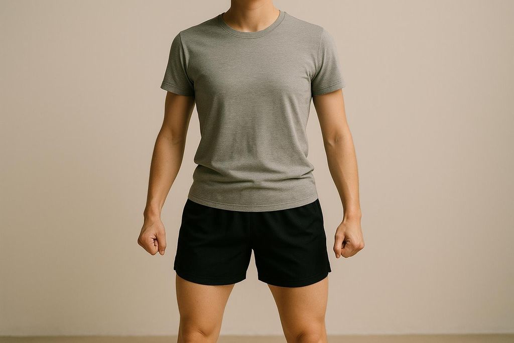 A person wearing a light grey t-shirt and black athletic shorts, suitable for a DEXA scan.