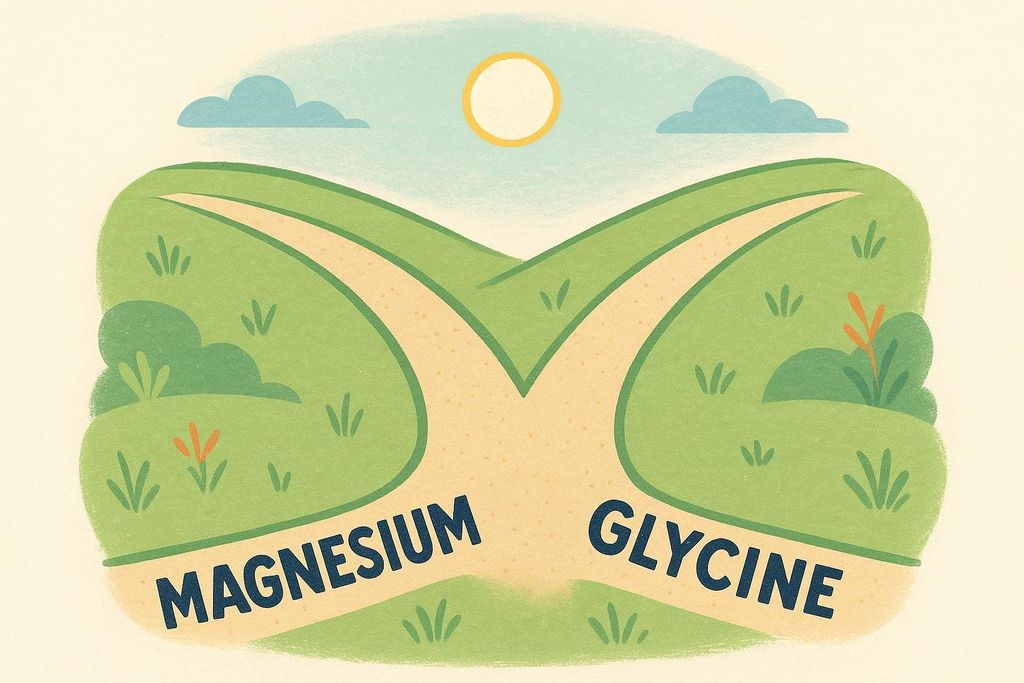 An illustration showing two paths, one labeled 'Magnesium' and the other 'Glycine', converging into one path over rolling green hills under a sky with a sun and clouds. This represents two different approaches or supplements that can lead to better sleep.