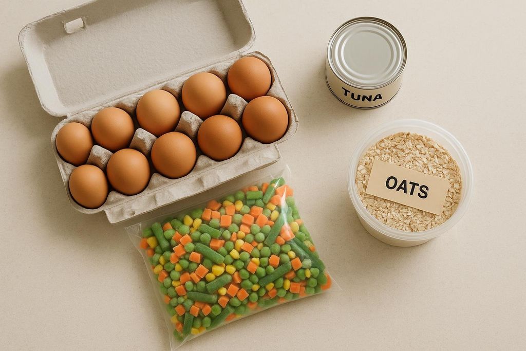 A top-down view of essential budget-friendly health foods: a carton of eggs, a bag of frozen vegetables, a can of tuna, and a container of oats.