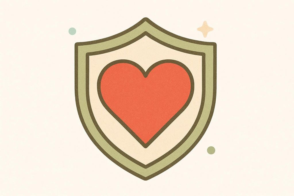 A stylized graphic featuring a red heart icon centered within a shield, symbolizing protection or coverage for cardiovascular health. The shield has green and beige outlines, with a beige background. Small colored dots and a star are scattered faintly outside the shield.