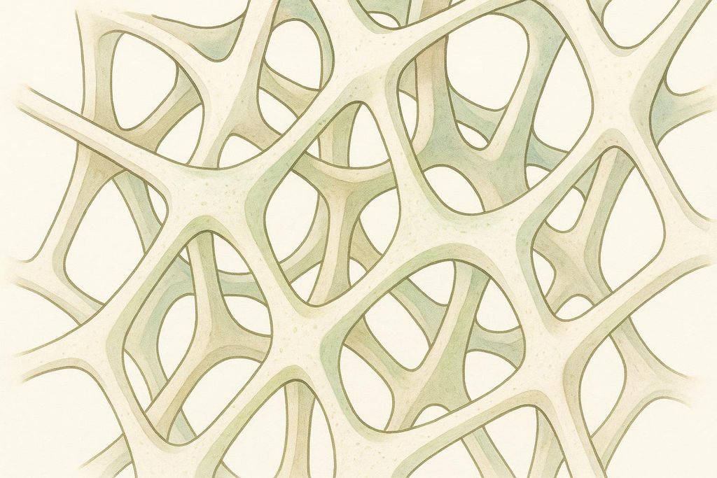 An illustration depicting the intricate, porous structure of a healthy bone matrix, with interconnected green and beige colored trabeculae forming a lattice pattern.