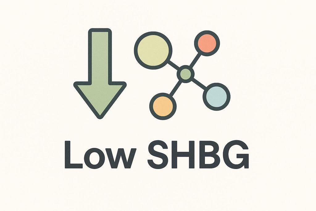 An illustration showing a downward-pointing arrow and a molecular structure, with the text 'Low SHBG' below. This image indicates a low SHBG test result.