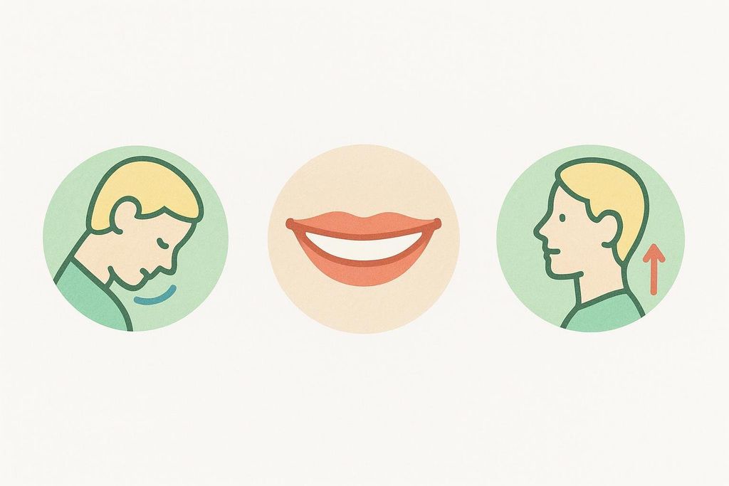 Icons representing chin tucks, smile exercises, and posture correction.