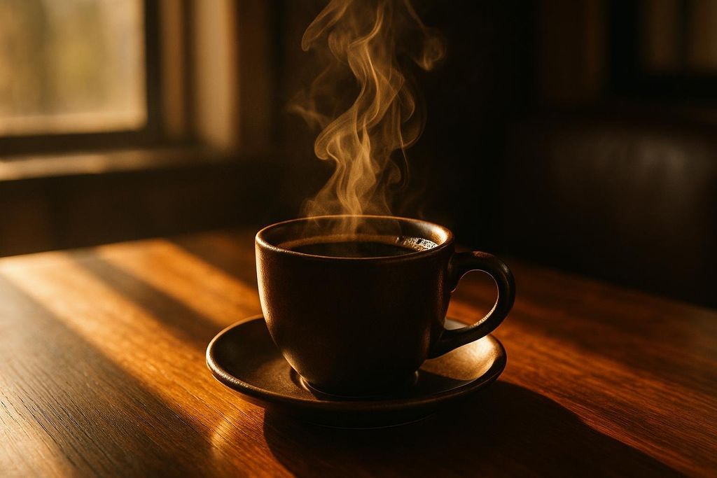 A dark brown coffee cup filled with hot coffee, steaming gently, sits on a matching saucer on a polished wooden table. Sunlight casts long shadows across the table, illuminating the steam. A window is visible in the blurry background.