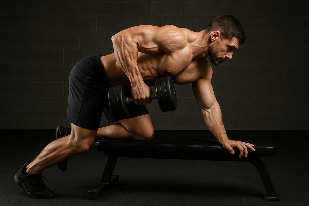 A muscular man with good form is performing a one-arm dumbbell row, leaning on a weight bench. He is shirtless and wearing black shorts, focusing on the exercise to target his back muscles.