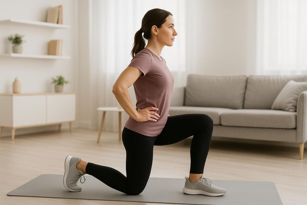 A woman with her hair pulled back performs a reverse lunge on a yoga mat in a bright, modern living room. She wears a pink t-shirt and black leggings, with her hands on her hips, demonstrating correct form.