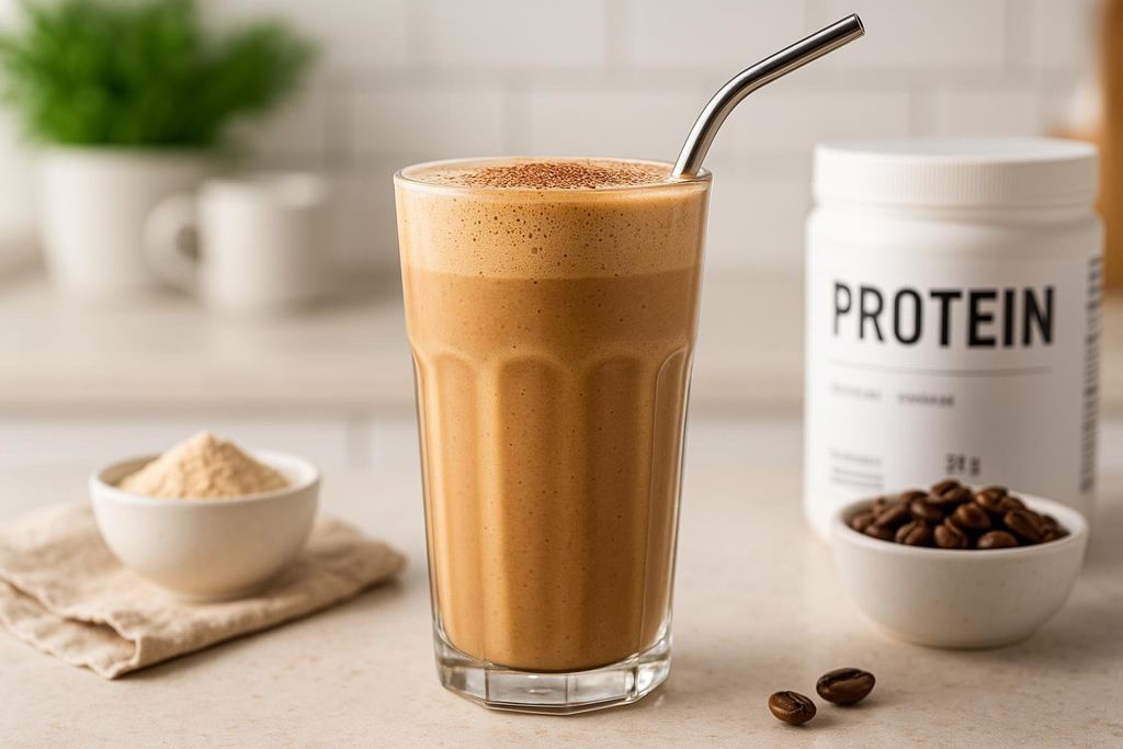 A close-up of a protein coffee frappé in a tall glass with a metal straw, with a container of protein powder, coffee beans, and a bowl of protein powder in the background. The frappé is a creamy light brown color with a foamy top.
