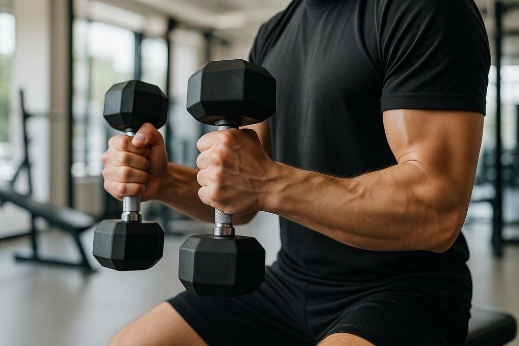 A close-up of a muscular man in a black t-shirt and shorts, focusing on his hands gripping two black hexagonal dumbbells in a gym setting.