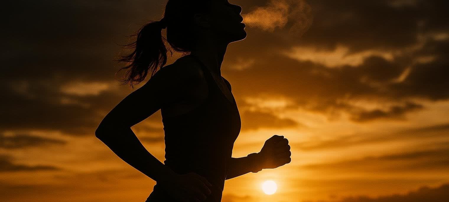 A silhouette of a female runner at sunrise, with visible breath coming from her mouth, symbolizing exertion and the cooler morning air during her workout.
