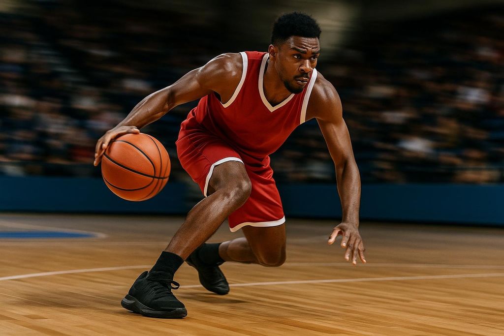 A basketball player in a red jersey makes an explosive cut on the court, dribbling the ball with his right hand as he pushes off one leg, demonstrating unilateral power.
