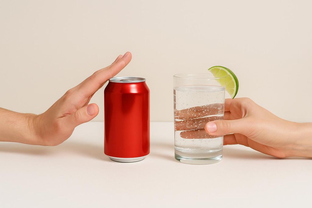 A hand pushes away a red soda can while another hand holds a glass of sparkling water with a lime wedge, symbolizing a healthy drink choice.