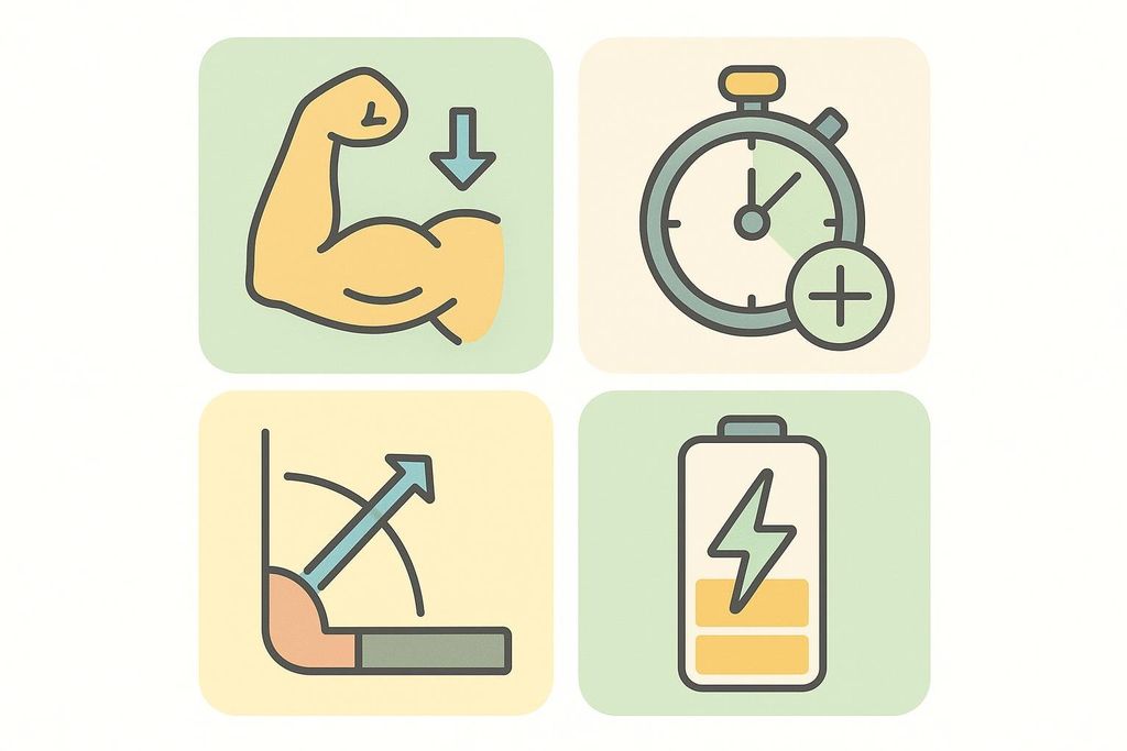 Infographic showing four benefits of foam rolling represented by icons: a bicep with a downward arrow for reduced soreness, a stopwatch with a plus sign for faster recovery, a leg icon showing increased range of motion, and a battery icon for less fatigue.