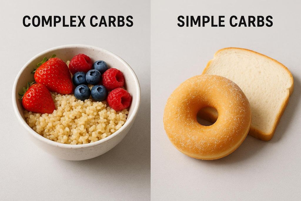A comparison image displaying 'COMPLEX CARBS' on the left, represented by a bowl of quinoa with strawberries, blueberries, and raspberries, and 'SIMPLE CARBS' on the right, shown as a glazed donut and a slice of white bread.