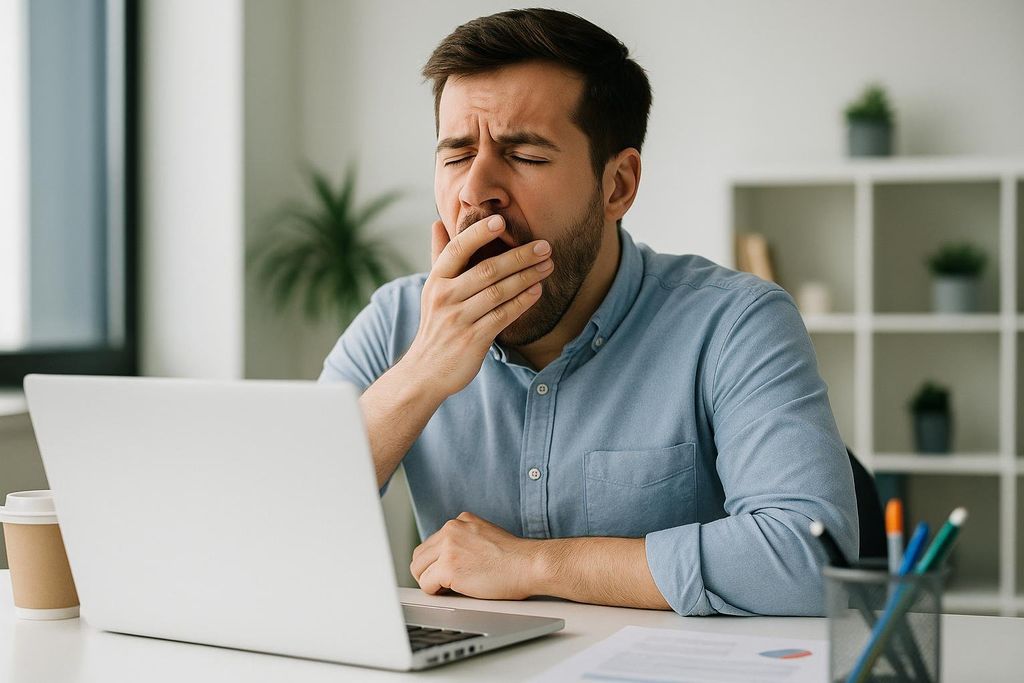 A man with a beard, wearing a blue shirt, sits at a desk in front of a laptop, yawning and covering his mouth with his hand. A coffee cup is beside the laptop.