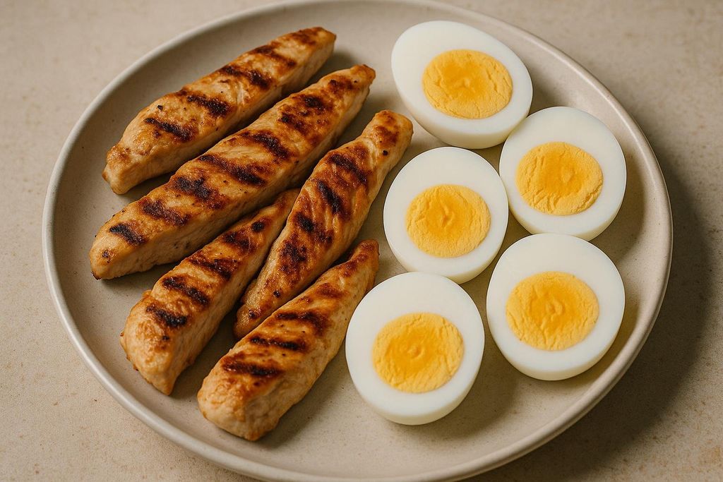 A high-protein meal with grilled chicken and eggs.