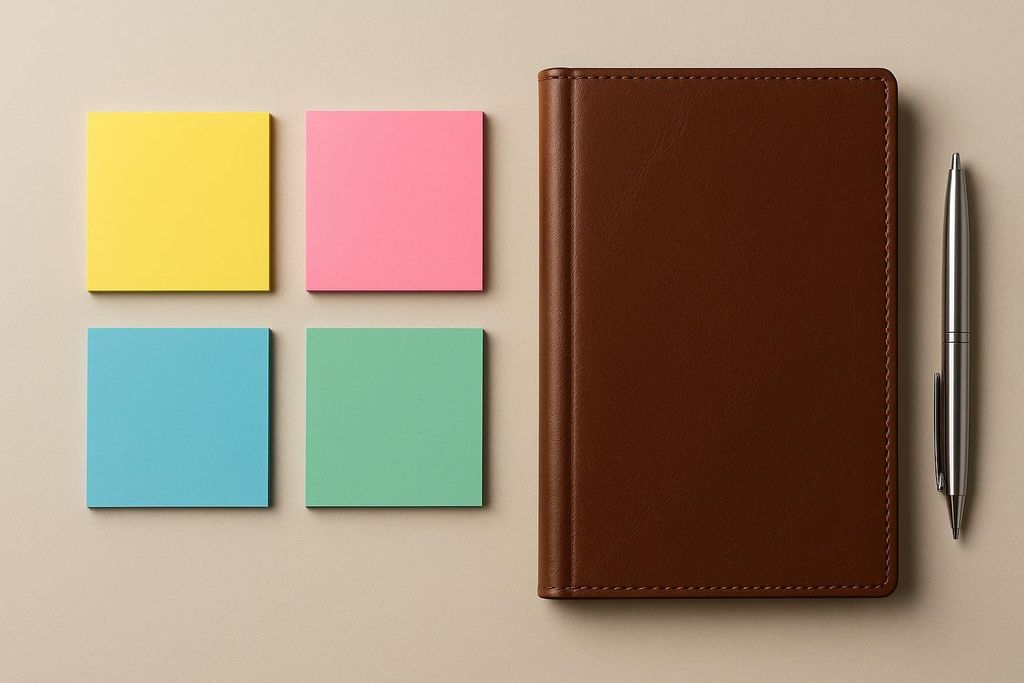 Neat desk with blank sticky notes, a diary, and a pen
