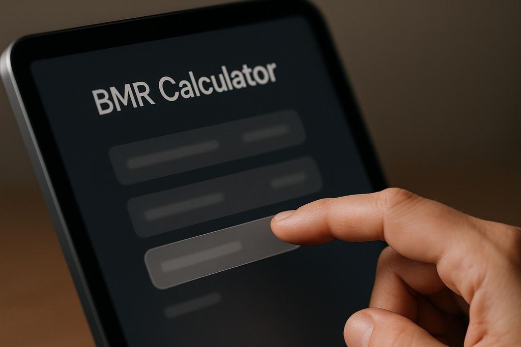 A close-up of a hand touching the screen of a tablet displaying a BMR calculator interface. The screen reads 'BMR Calculator' and shows several input fields, one of which is being selected by the finger.