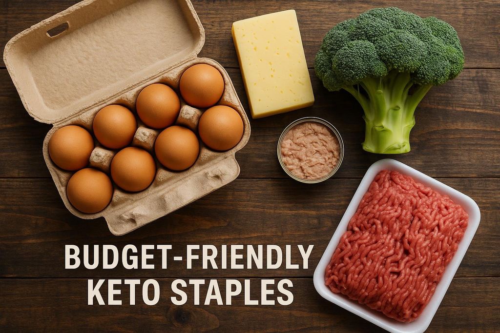 A flat lay of various budget-friendly keto foods, including eggs in a carton, a block of cheese, a head of broccoli, canned tuna, and a package of ground beef, all arranged on a wooden surface. The words 'BUDGET-FRIENDLY KETO STAPLES' are overlaid on the image.