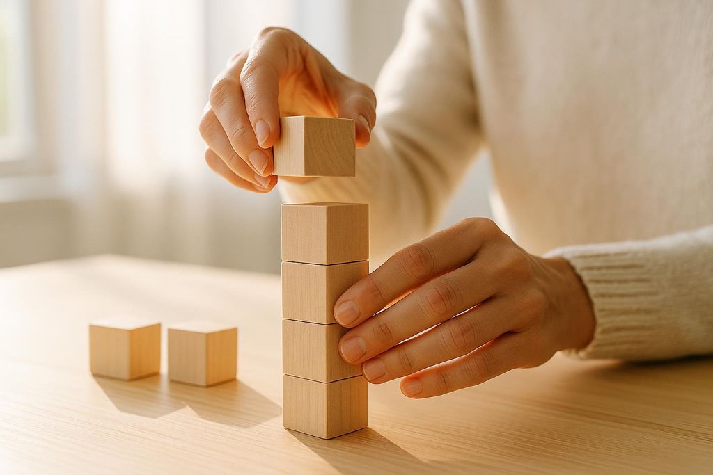 Close up of hands stacking plain wooden blocks on a light wooden table, with more blocks visible on the left and a blurred sunny background.