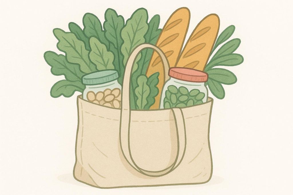 Illustration of a beige reusable grocery bag overflowing with healthy plant-based foods, including two baguettes, green leafy vegetables, and two glass jars filled with light brown and green legumes or nuts.