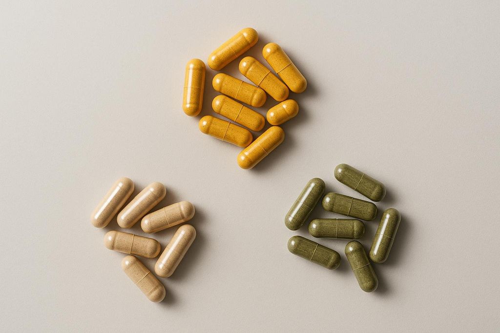 Three distinct piles of supplement capsules, symbolizing personalized nootropic stacks for different goals.